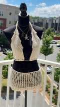 Ivory Goddess: Crochet Two-Piece Set – Halter Top & Mesh Mini Skirt