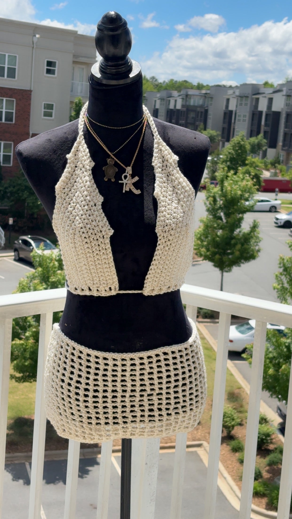 Ivory Goddess: Crochet Two-Piece Set – Halter Top & Mesh Mini Skirt