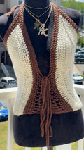 Earthy Elegance: Brown & Cream Lace-Up Crochet Top