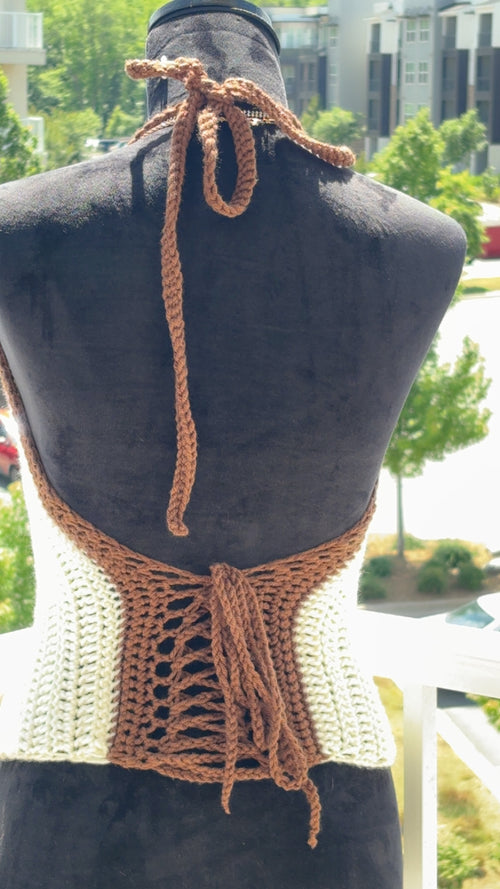 Earthy Elegance: Brown & Cream Lace-Up Crochet Top